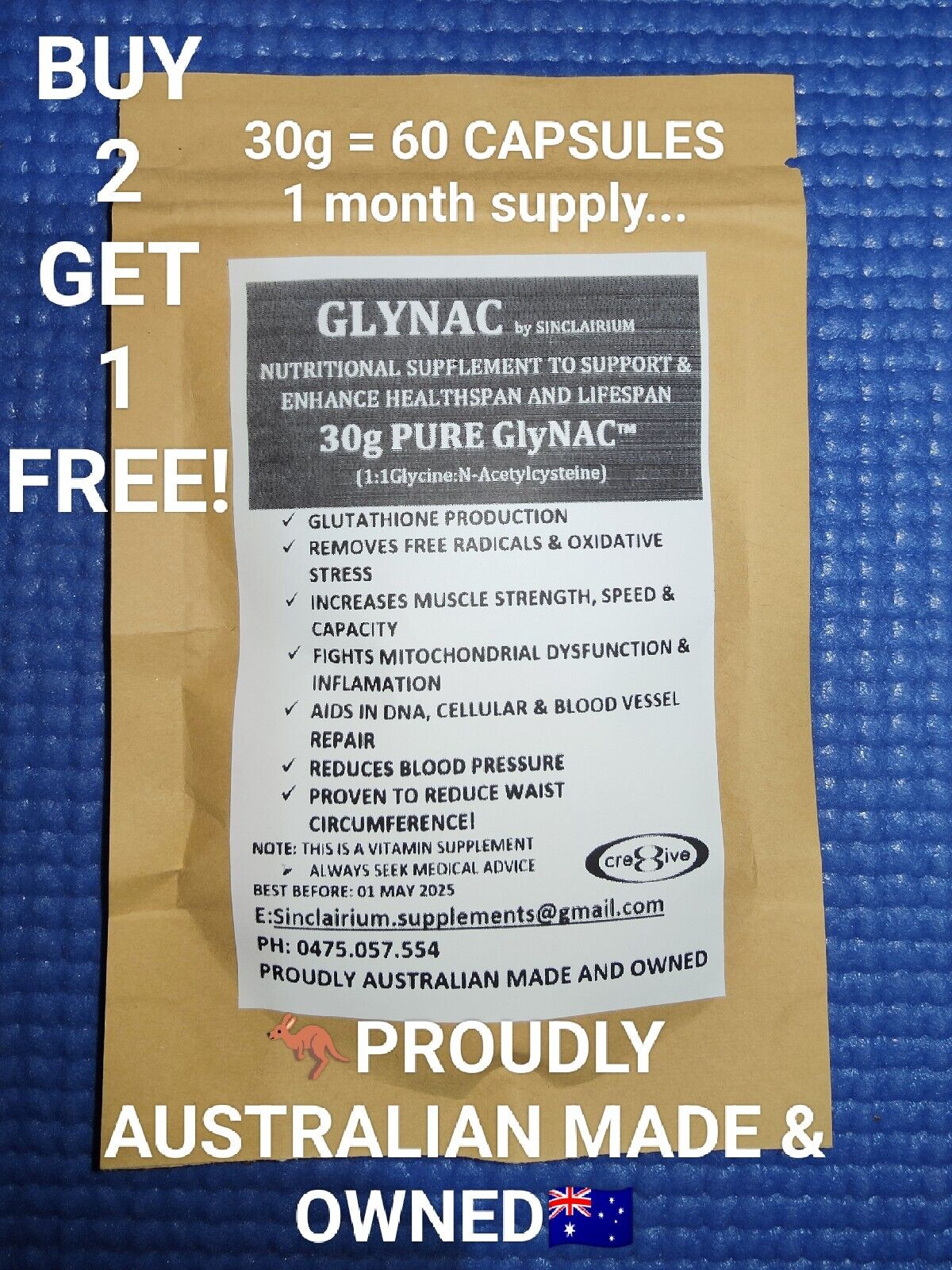 30G = 60 CAPSULES GLYNAC Glycine & NAC (N-acetylcysteine) 1:1 anti-aging formula! Glutathione 🇦🇺