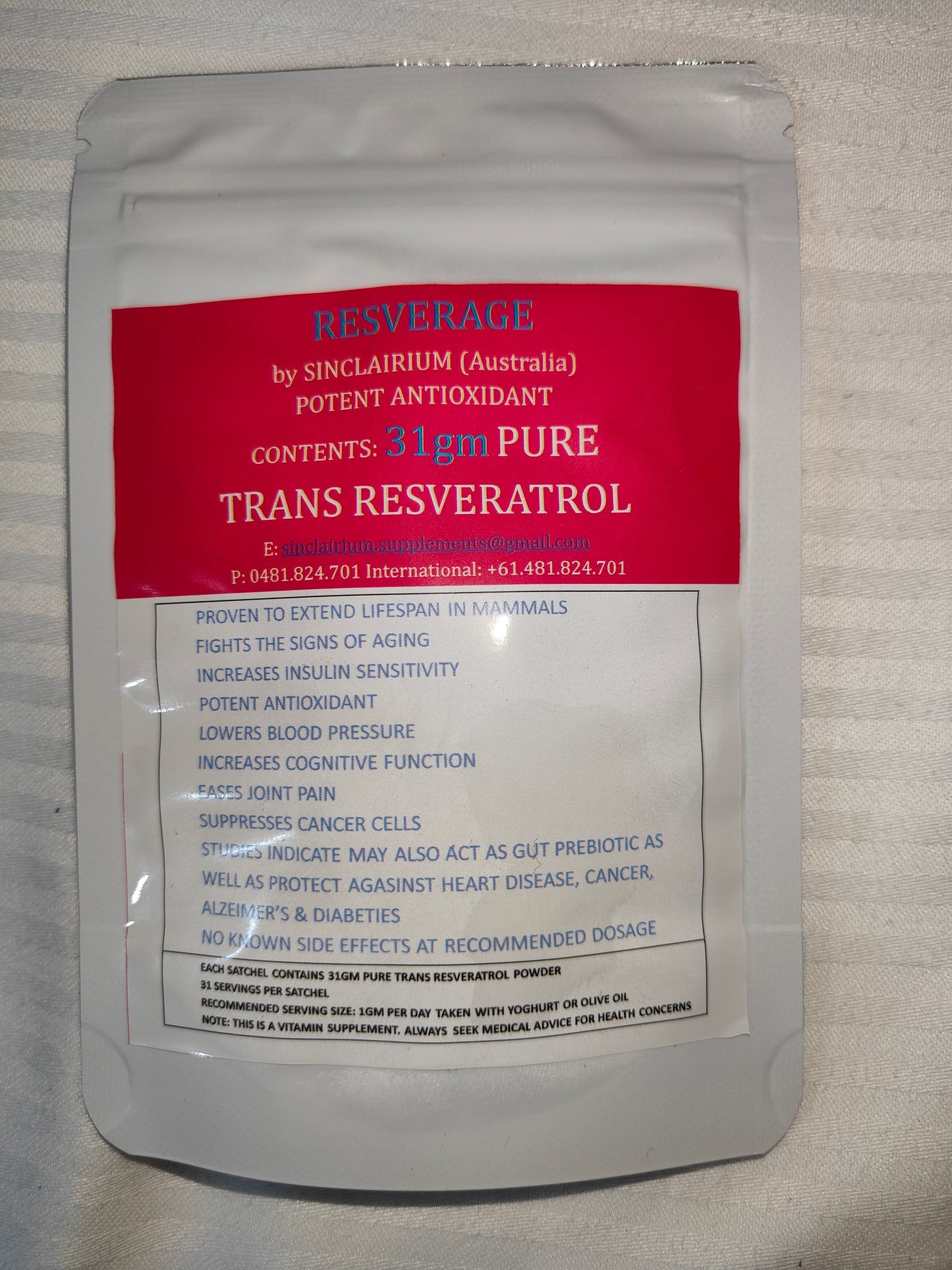 ANTI-AGING COMBO: NMN (Nicotinamide Mononucleotide) NAD+Booster & Trans-Resveratrol Combo Package 31g (31,000mg) of EACH! [equates to 124 days supply at 250mg/day 62 days supply at 500mg/day OR 31 days supply at 1000mg/day]