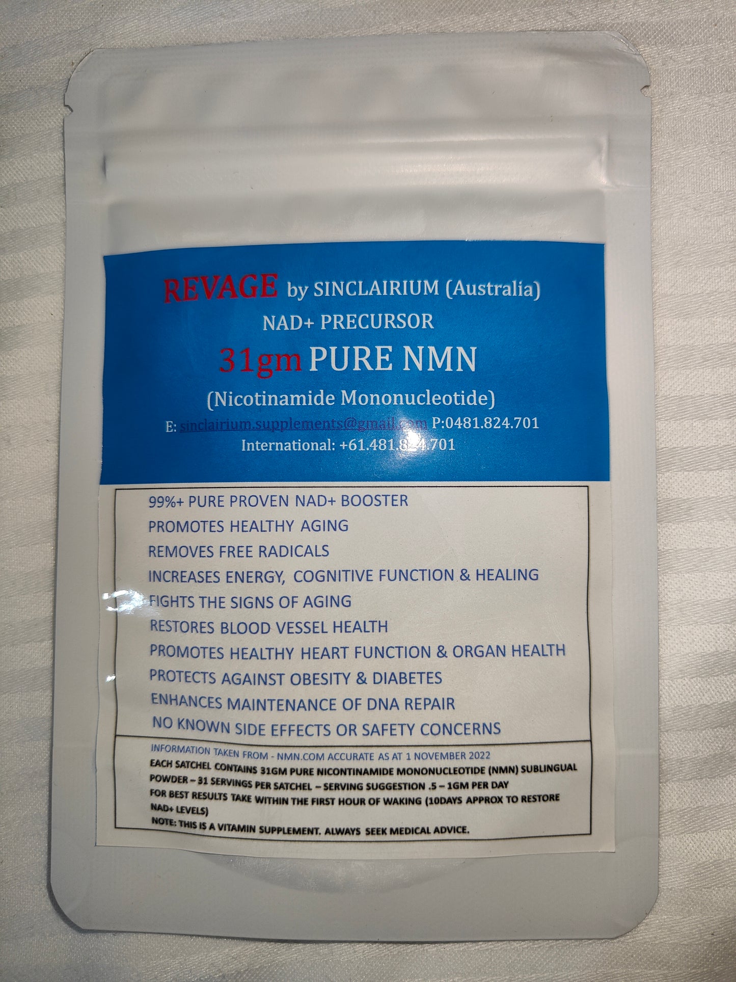 ANTI-AGING COMBO: NMN (Nicotinamide Mononucleotide) NAD+Booster & Trans-Resveratrol Combo Package 31g (31,000mg) of EACH! [equates to 124 days supply at 250mg/day 62 days supply at 500mg/day OR 31 days supply at 1000mg/day]